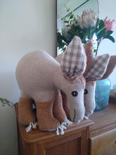 Load image into Gallery viewer, Aardvark soft toy with various textures of fabrics, large checked ears, a long snout, a smile 
